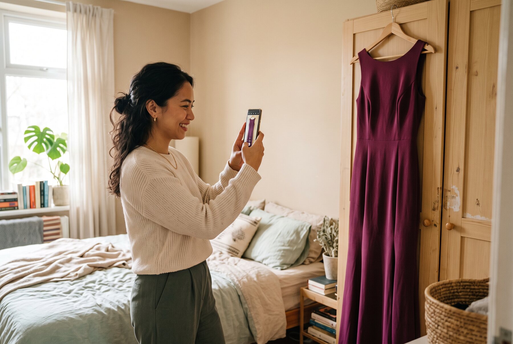 A woman photographing an evening gown with her phone at home, ready to list it on Gara Closet.